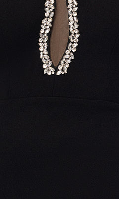 Close-up of the Long Black Formal Dress: Blondie Nites 5529BN, featuring a teardrop-shaped neckline adorned with silver rhinestones that highlight its elegant design.