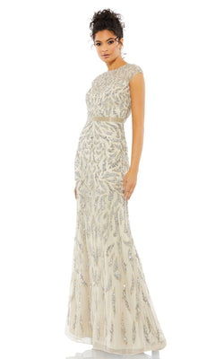 A woman models the Silver Long Sequin Formal Dress: Mac Duggal 5532, an elegant floor-length gown with silver embellishments, ideal as a mother of the bride dress, against a plain white backdrop.