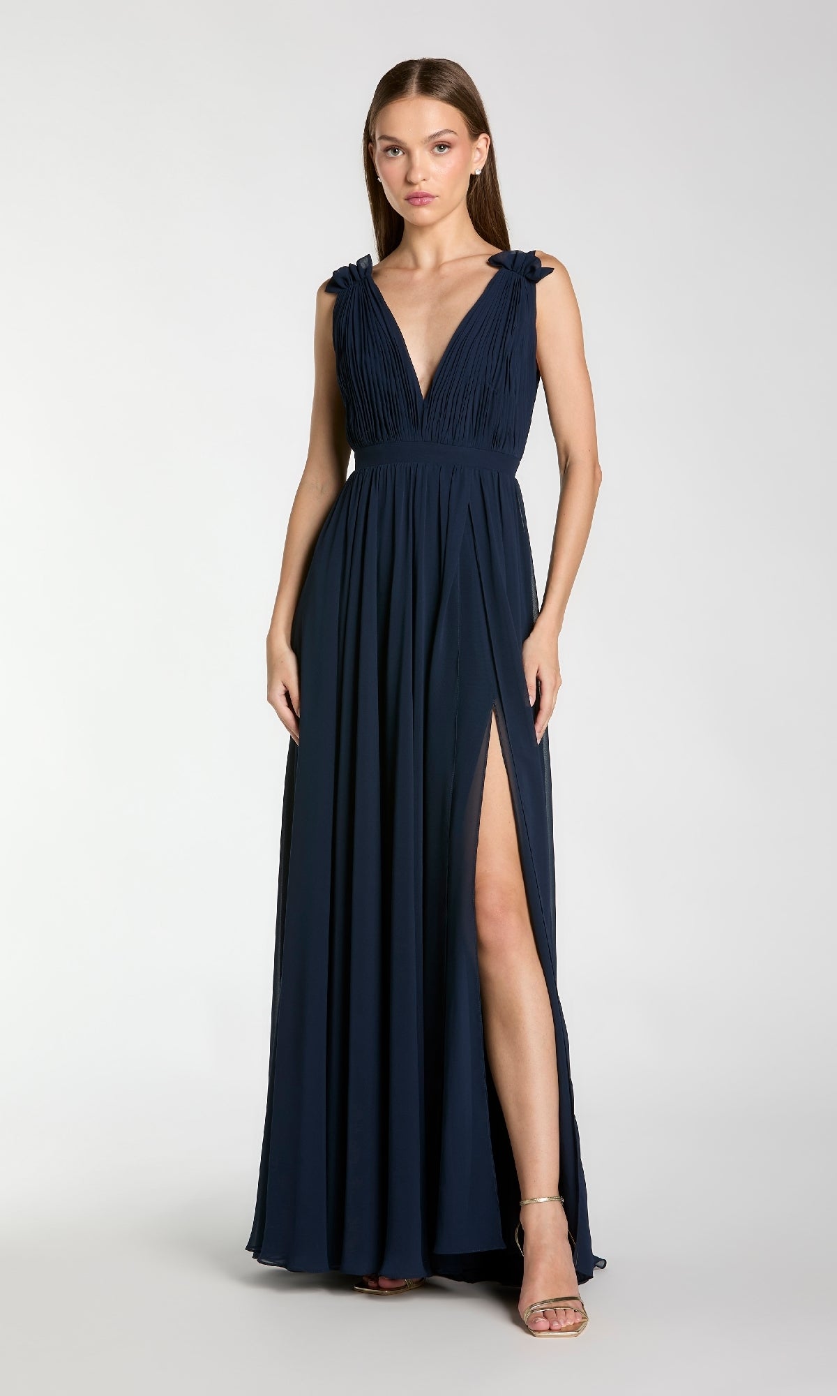 strapless open back dress Long V-Neck Formal Dress with Pleated Bodice– PromGirl