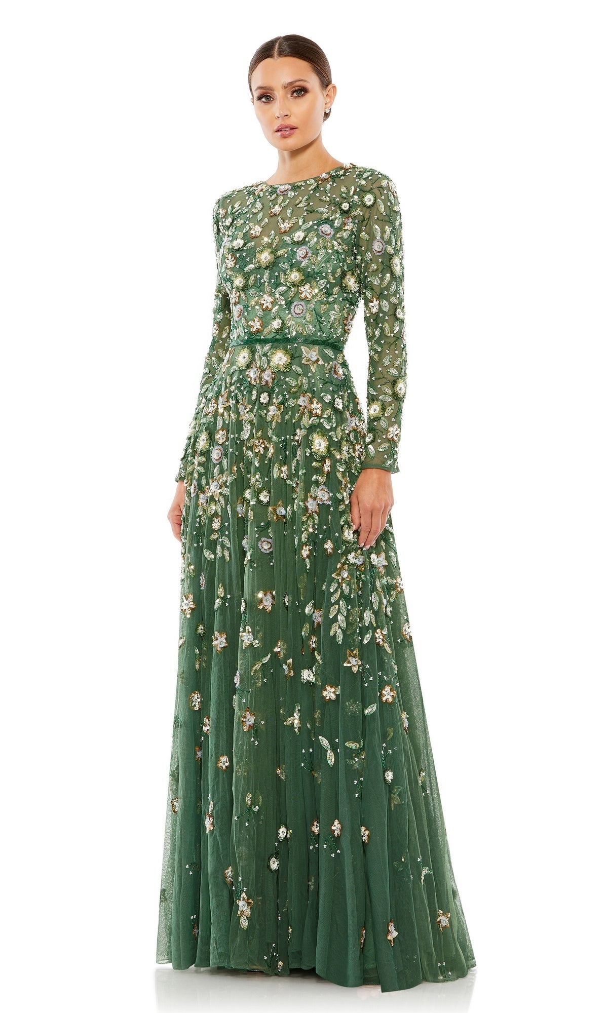 Green Embellished High Neck Long Sleeve A Line Gown
