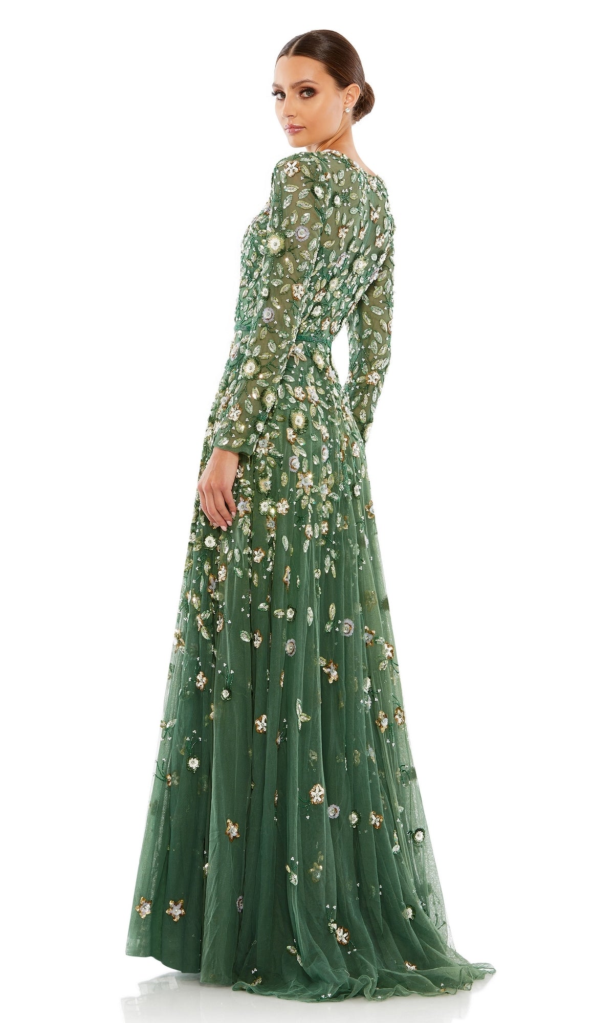 Green Embellished High Neck Long Sleeve A Line Gown