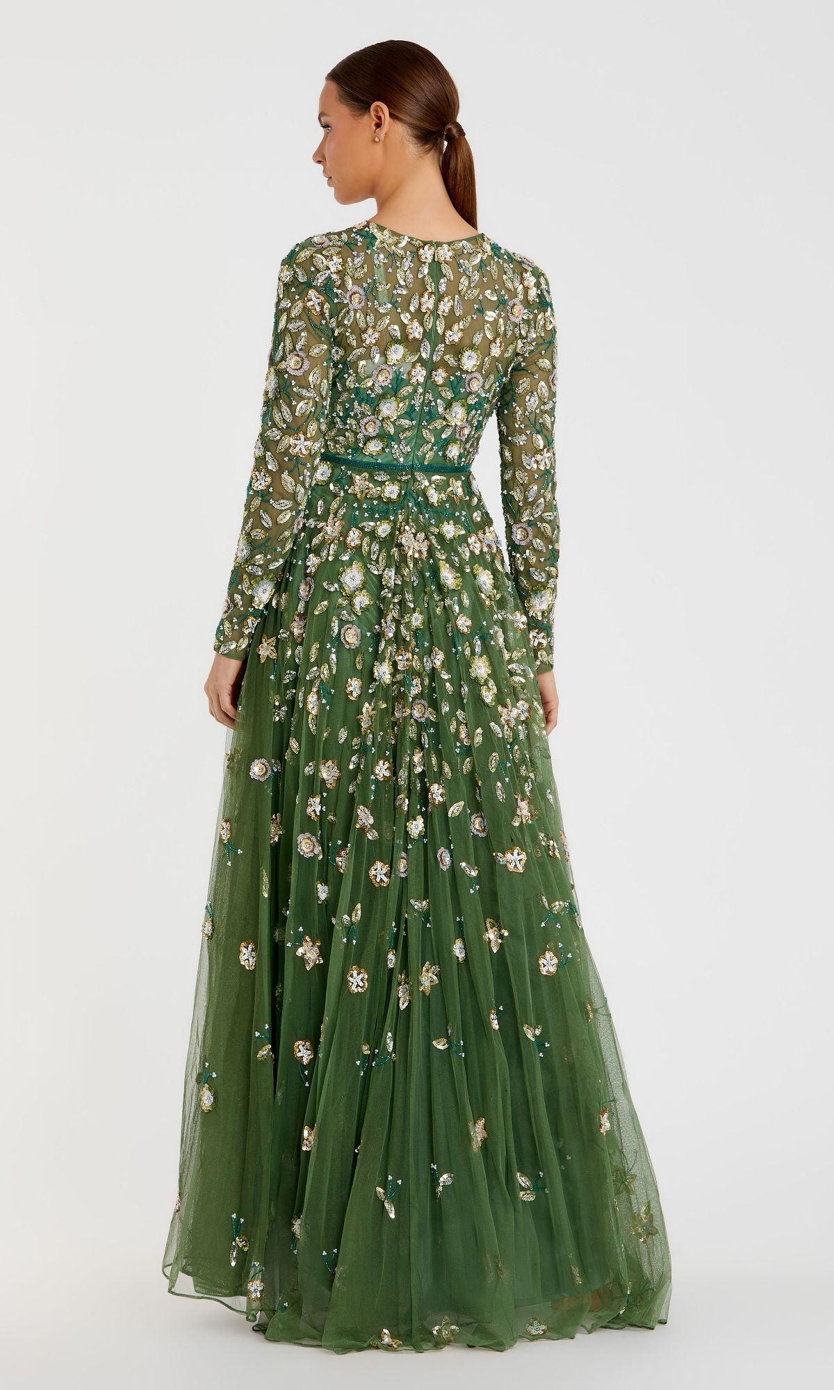 Green Embellished High Neck Long Sleeve A Line Gown