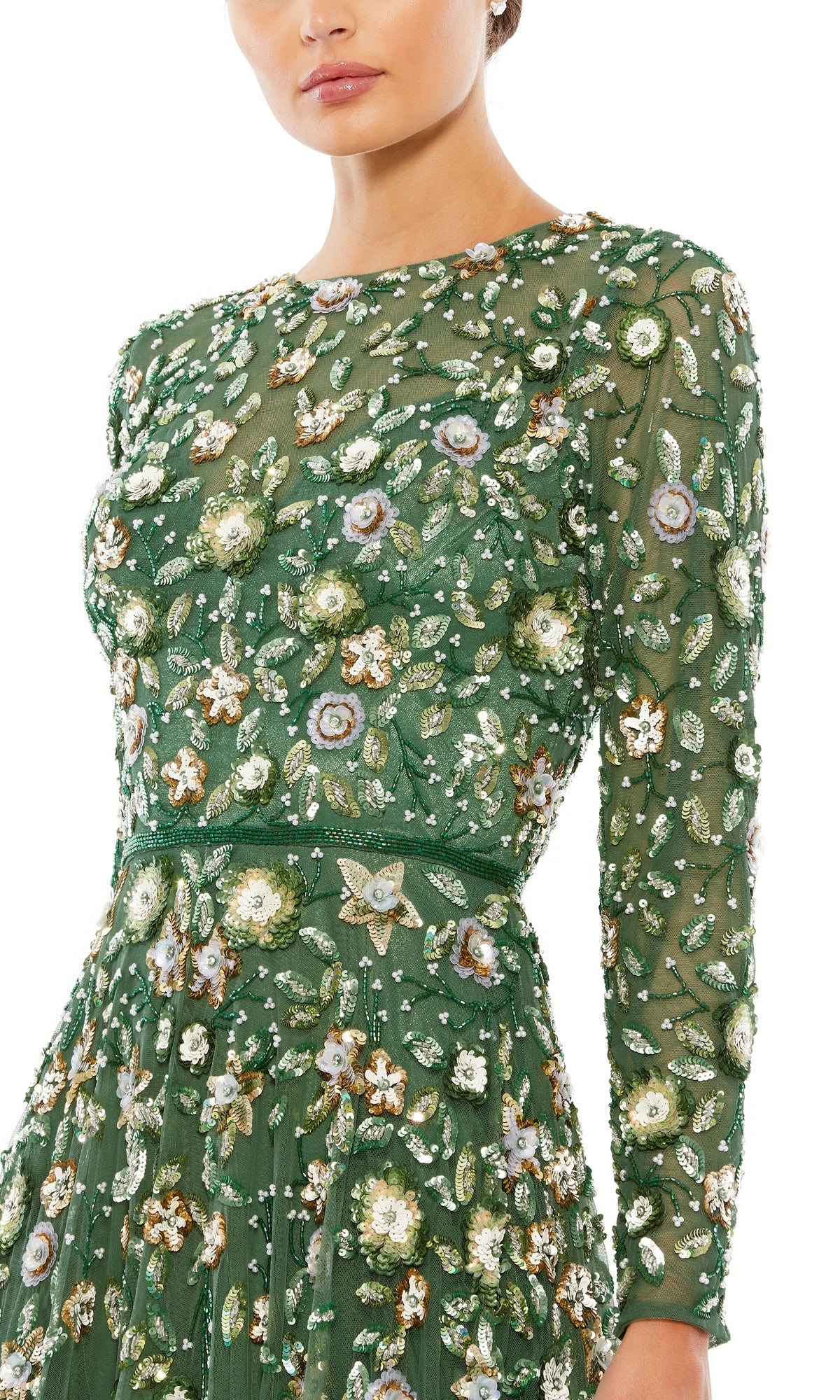 Mac Duggal - Green Embellished High Neck Long Sleeve A Line Gown