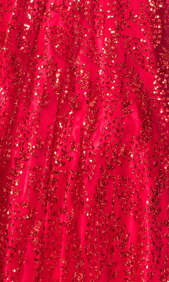 Close-up of red fabric with shiny gold glitter, ideal for the Glitter-Print Prom Ball Gown: Blondie Nites 5539BN—perfect for an elegant formal look or a striking prom dress.
