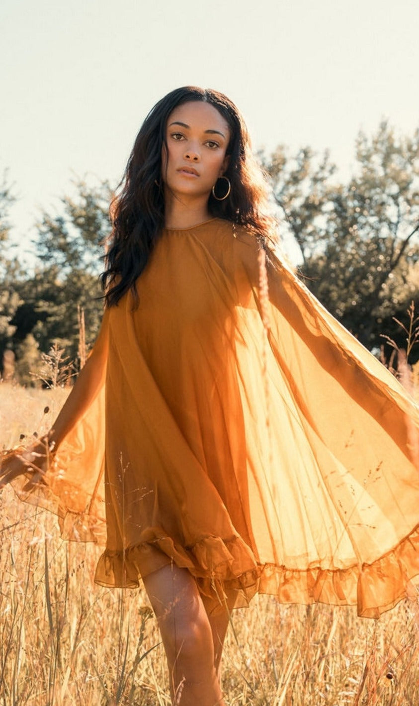 Cape-Sleeve Short Ruffled Party Dress: Mac Duggal 55407 Antique Gold / 0