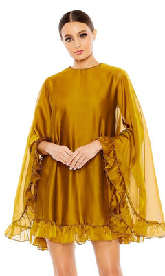 Woman wearing a Mac Duggal 55407 Cape-Sleeve Short Ruffled Party Dress in mustard yellow, featuring loose-fitting long sleeves and ruffled hems, standing against a white background.