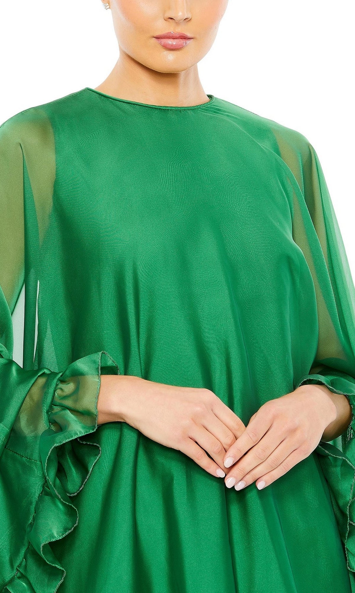A person wearing the Mac Duggal 55407 Cape-Sleeve Short Ruffled Party Dress in sheer, bright green, shown from shoulders to mid-torso with ruffled sleeves and hands gently clasped.