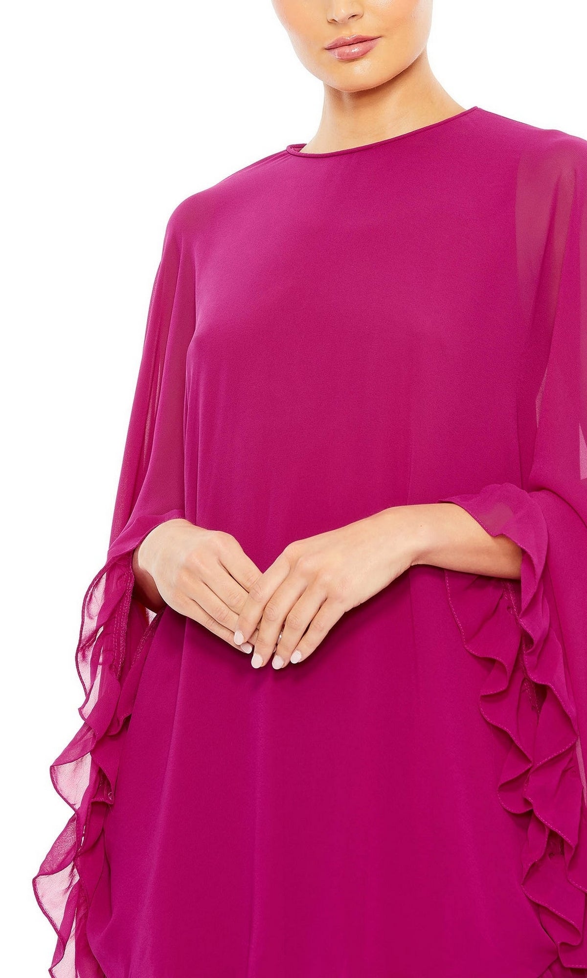 Someone wears the Cape-Sleeve Short Ruffled Party Dress (Mac Duggal 55407) in magenta, featuring long ruffled sleeves, shown from shoulders to mid-thigh.