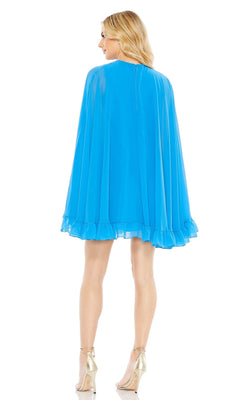 A woman faces away, wearing the Cape-Sleeve Short Ruffled Party Dress (Mac Duggal 55407) in bright blue with gold heels—a chic semi-formal cocktail dress for standout style.