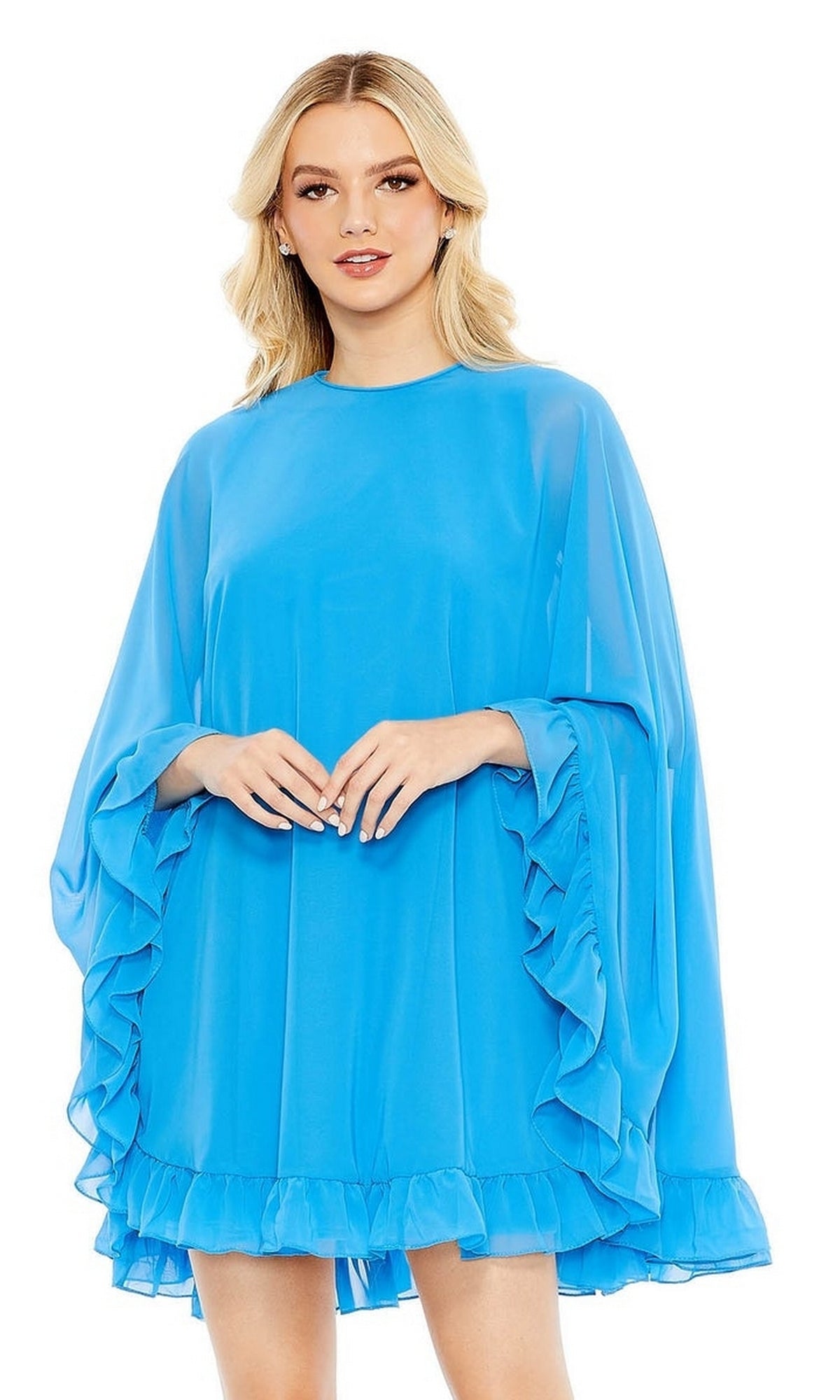 blue ruffle cape dress Cape-Sleeve Short Ruffled Party Dress: Mac Duggal 55407 Antique Gold / 0 Sheer cape