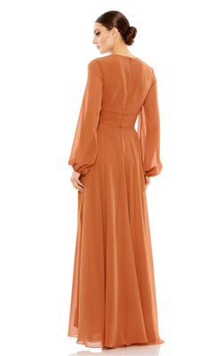 Woman in the Mac Duggal 55682 long-sleeve, floor-length formal dress in burnt orange with a fitted waist and flowing skirt, shown from the back against a white background.