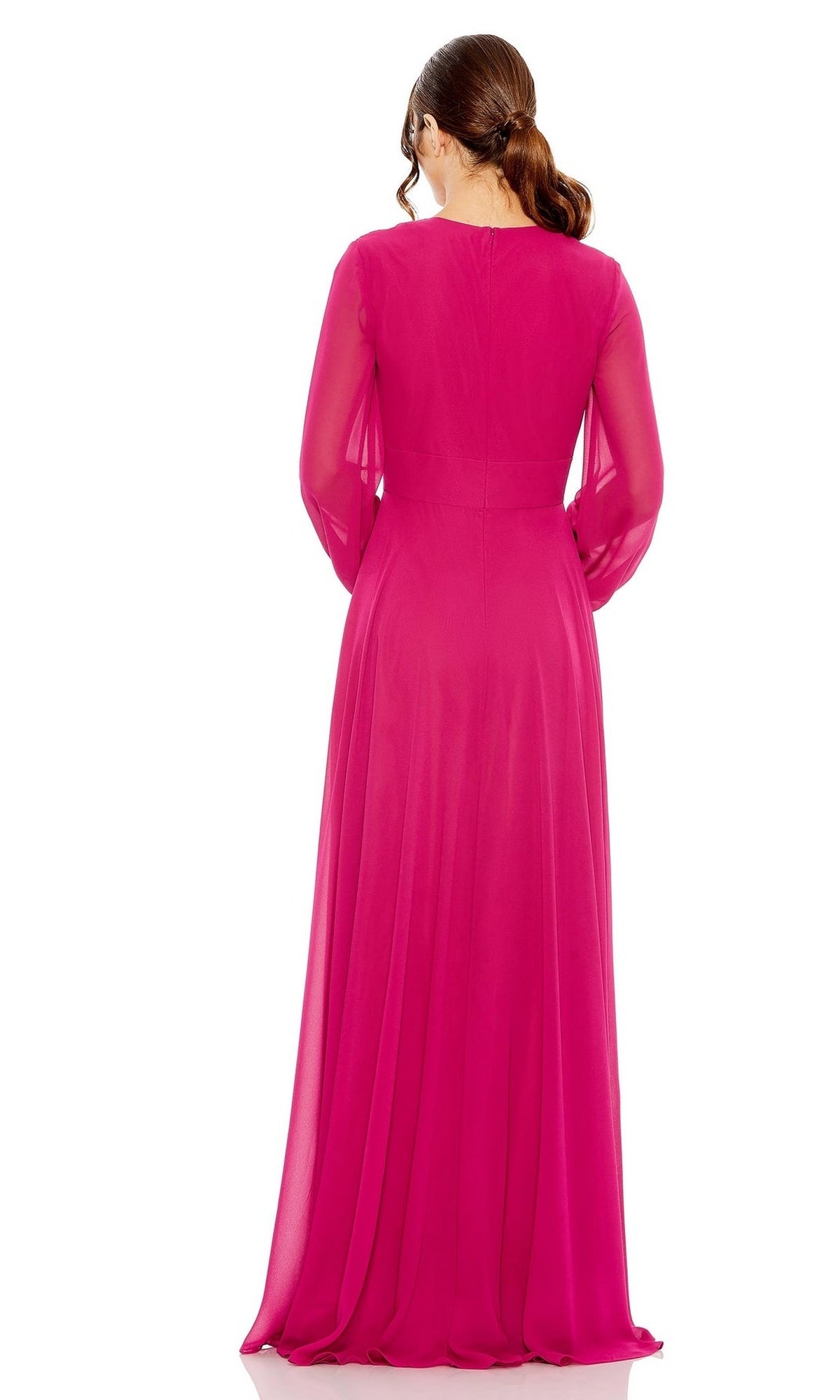 A woman faces away, wearing the Mac Duggal 55682— a long-sleeve, floor-length formal dress in bright pink chiffon with sheer sleeves—an elegant option as a mother of the bride gown.