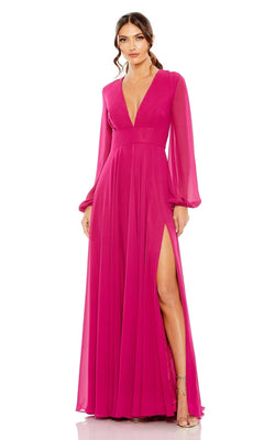 A woman wears the Mac Duggal 55682, a long-sleeve formal gown with a deep V-neck and high slit in fuchsia, ideal as a modern mother of the bride dress, against a white background.