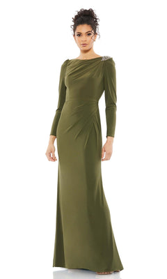 A woman models the Mac Duggal Long Formal Dress 55695 in olive green featuring a high neck, draped design, and shoulder embellishment, posed against a white background.