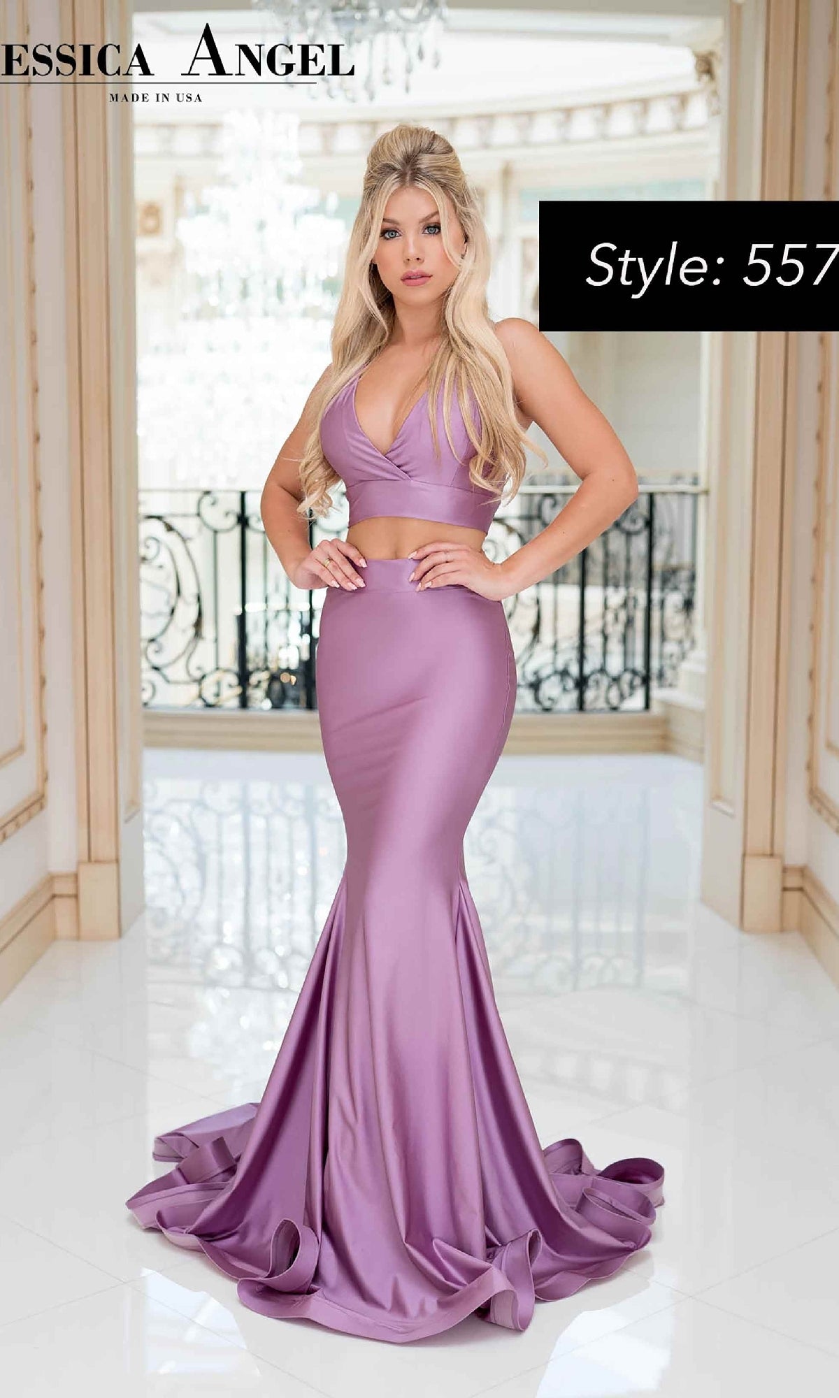 A woman in a lavender Two-Piece Halter Long Prom Gown (Jessica Angel 557) stands in an ornate room. Text on the image reads, “Style: 557.”.