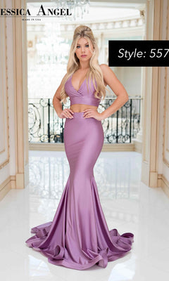A woman in a lavender Two-Piece Halter Long Prom Gown (Jessica Angel 557) stands in an ornate room. Text on the image reads, “Style: 557.”.