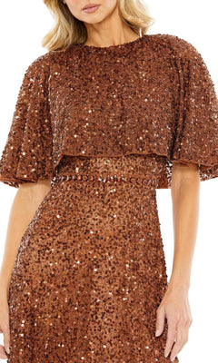 A woman in the Mac Duggal 5577 Caped Midi Semi-Formal Dress showcases a chic and stylish semi-formal look.