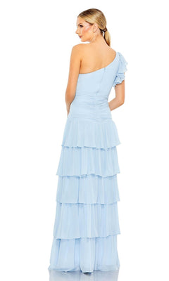 Woman in the Long Formal Dress 55849 by Mac Duggal, a powder blue one-shoulder gown with tiered ruffles, shown from the back against a white background.