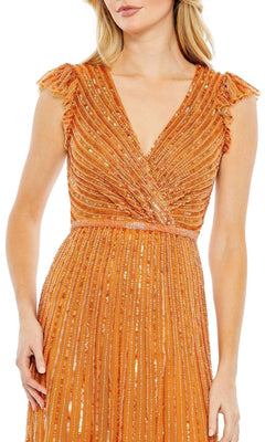 Mac Duggal - Green Sequined Wrap Over Cap Sleeve Ruffle Hem Dress