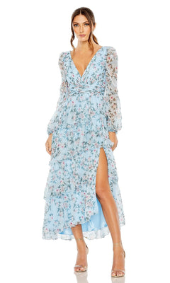 Woman wearing the Mac Duggal 55880 Print Midi Wedding Guest Dress featuring long sleeves, a deep V-neck, floral print, tiered skirt, and high leg slit with nude heels—an ideal choice for a stylish wedding guest look.
