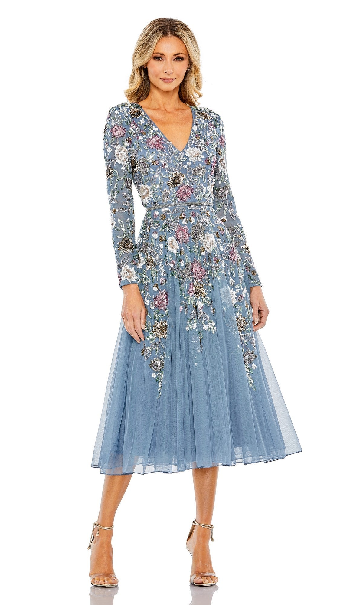 slate blue cocktail dress Mac Duggal - Hand Embellished Floral V-Neck Long Sleeve Color:Black+White Strapless Short Prom Dress fallsale Bust 35