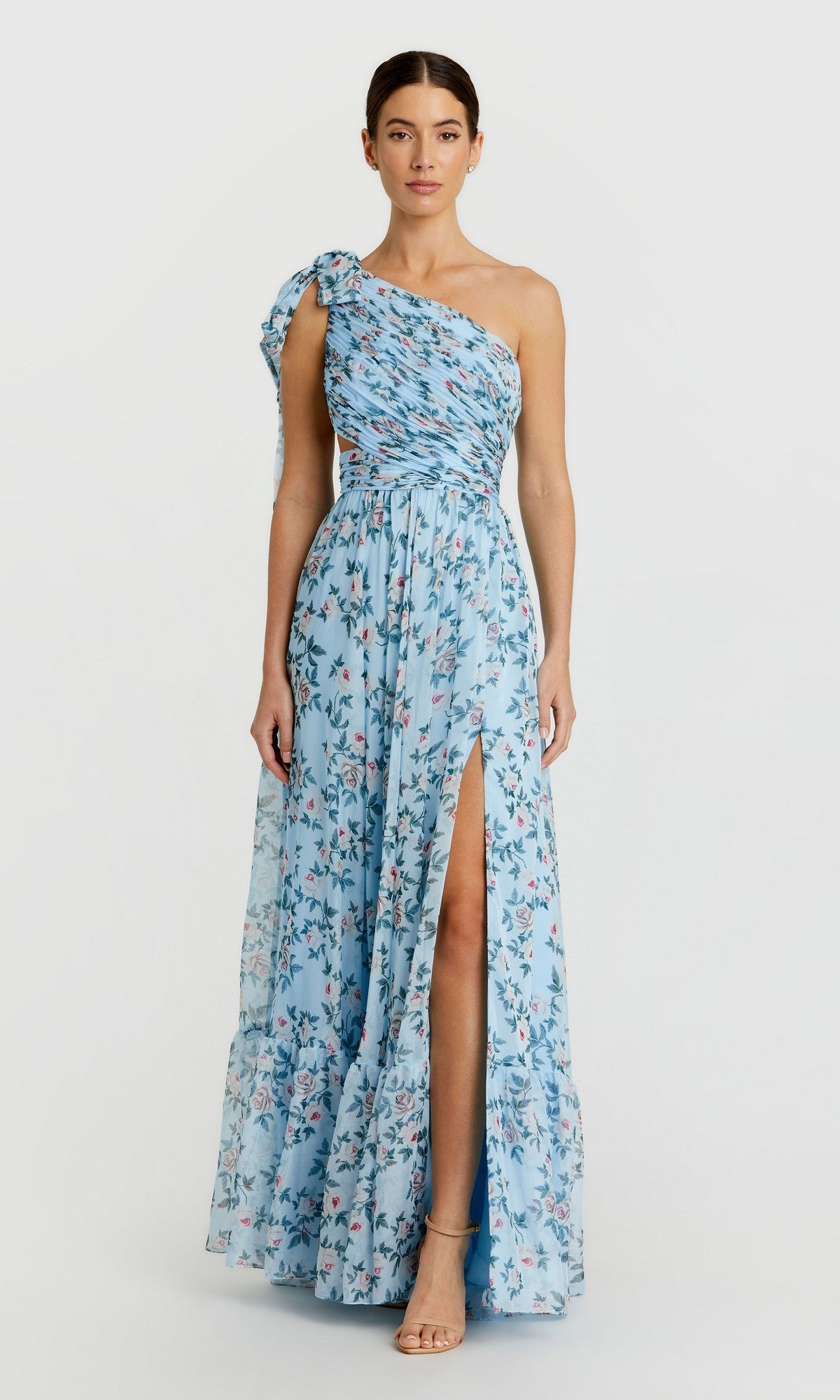 One-Shoulder Long Blue Formal Dress with Floral Print– PromGirl