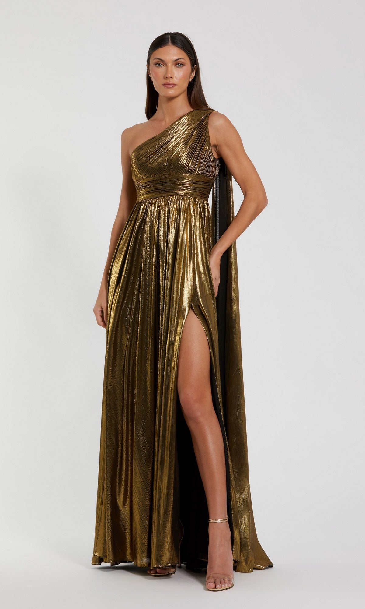 mac duggal gold metallic dress One Shoulder Stretch Gown, Womens, 10, Girl Size:3T Cascading ruffle tiers flow Khalani Red Carpet Evening Burgundy