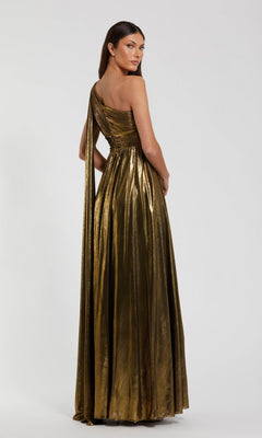 A woman stands with her back to the camera against a plain white background, modeling the Mac Duggal 56086 long formal dress—a shimmering metallic one-shoulder gown.
