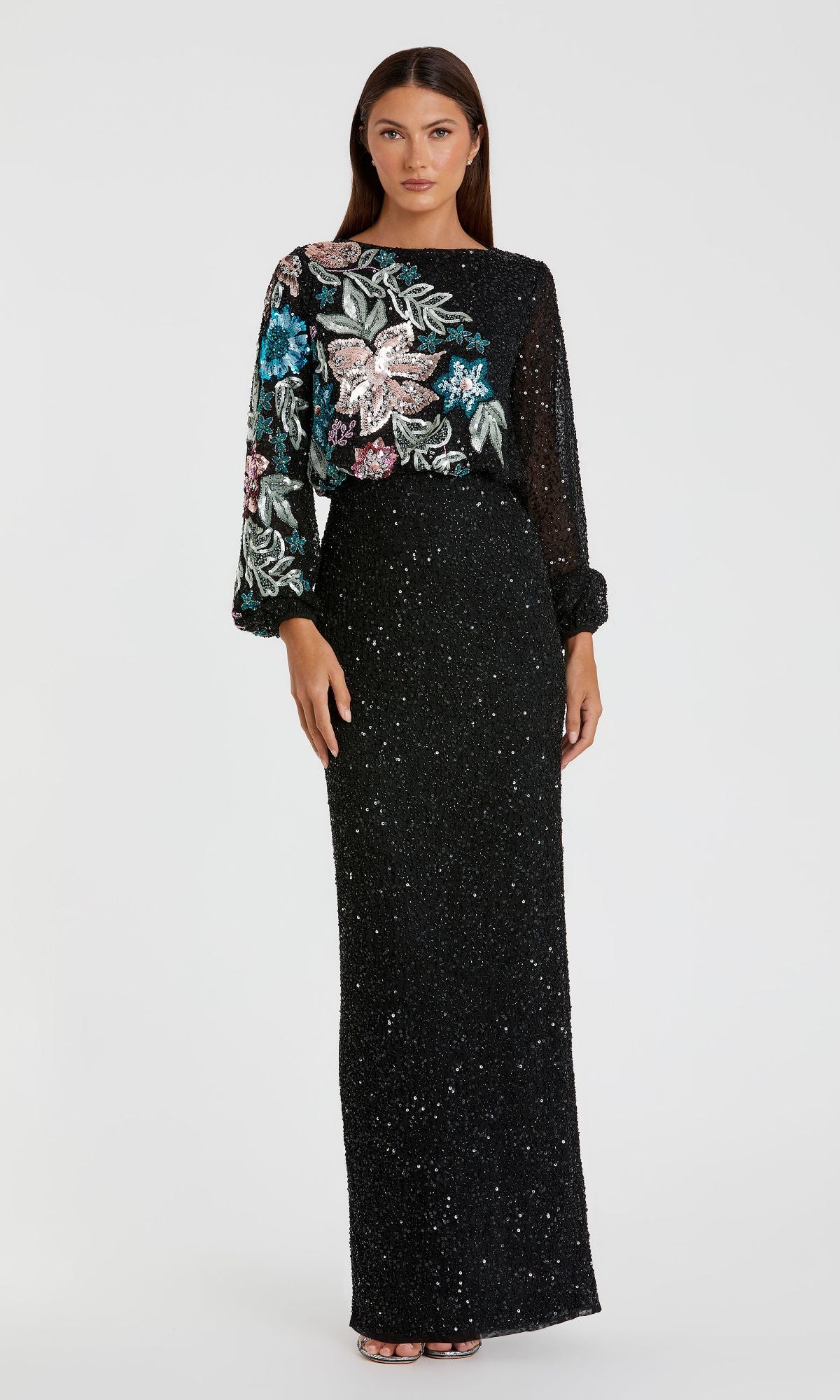 Mac Duggal - Black High Neck Long Sleeve Sequin Evening Gown - US 6 Mac Duggal - Black High Neck Long Sleeve Sequin Evening Gown - US 6