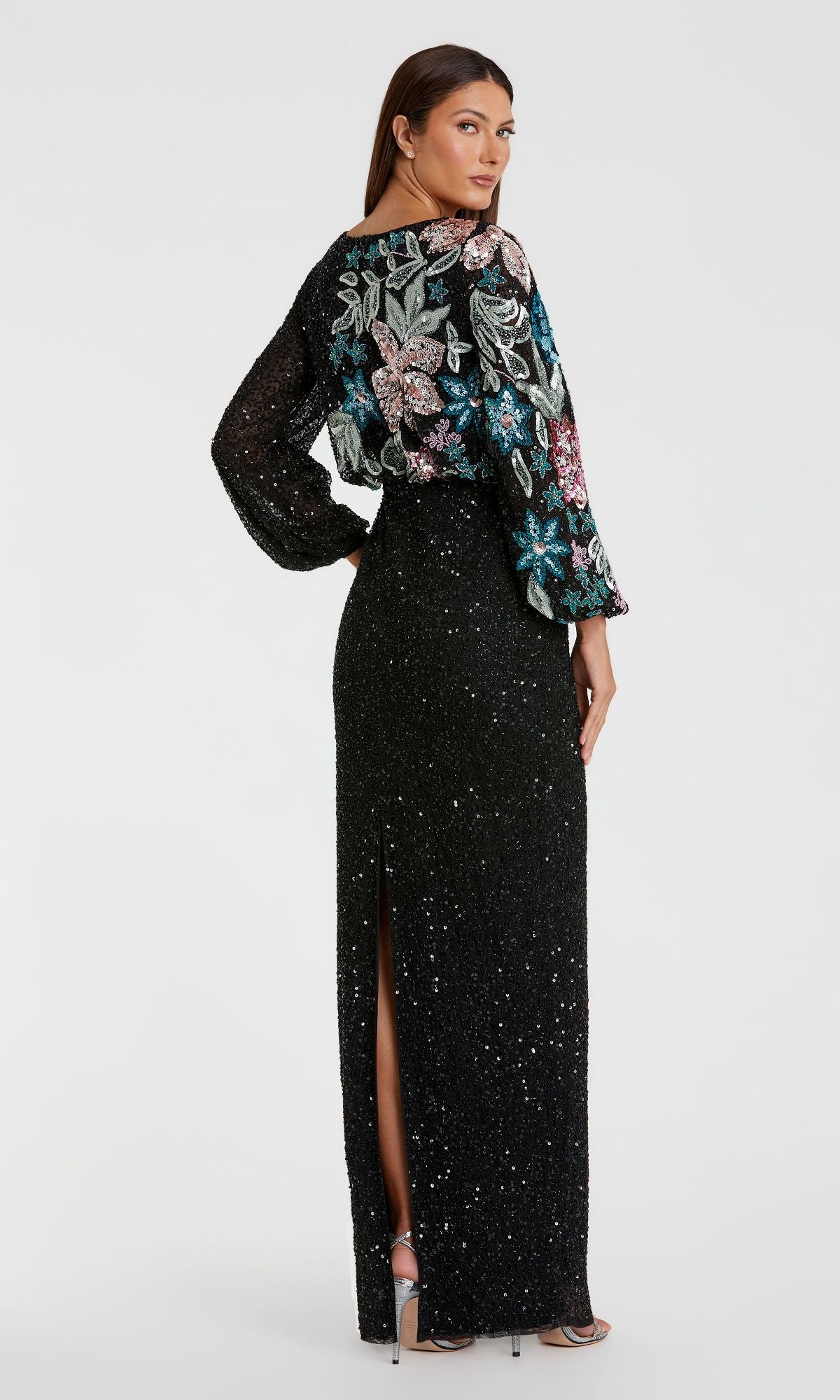 Mac Duggal - Beige High Neck Long Sleeve Sequin Gown
