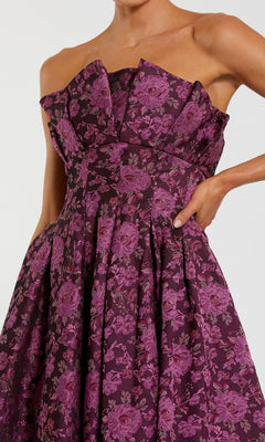 Ieena for Mac Duggal - Purple Strapless Floral Brocade A-line Midi Dress - Magenta Multi / US 10