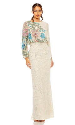 A woman wearing the Mac Duggal 5615 Beaded Long Sleeve Formal Dress in cream, accented with pink, blue, and green floral embroidery on the bodice.
