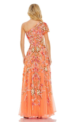 A person is seen from the back wearing the Long Formal Dress 5617 by Mac Duggal, featuring a peach hue, one-shoulder design, and intricate floral beading.