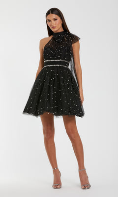 Mac Duggal Pearl Embellished Tulle Tie Neck A Line Mini Dress, Womens, 6, Black Ivory Mac Duggal Pearl Embellished Tulle Tie Neck A Line Mini Dress, Womens, 6, Black Ivory