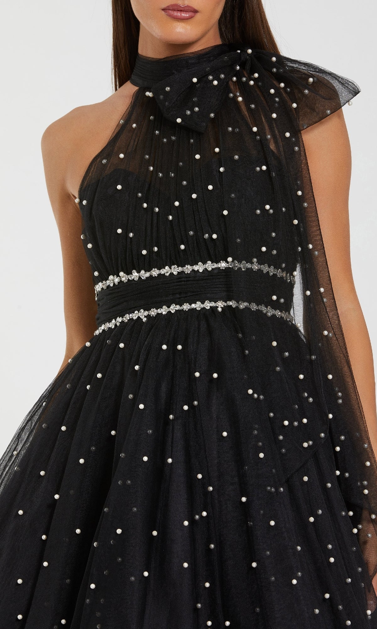 Mac Duggal Embellished Tulle Tie Neck A-line Mini Dress
