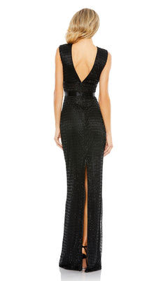 Mac Duggal - Silver Beaded Cap Sleeve V Neck Column Gown - US 14 Mac Duggal - Silver Beaded Cap Sleeve V Neck Column Gown - US 14