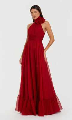 Mac Duggal Halter Neck Chiffon Gown With 3D Flower - Deep Red Mac Duggal Halter Neck Chiffon Gown With 3D Flower - Deep Red