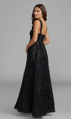 A woman in the Long Formal Dress: Mac Duggal 56286—a sleeveless, floor-length black gown featuring textured geometric patterns—stands facing away, glancing over her shoulder.