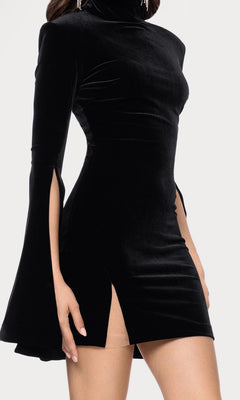 High-Neck Short Black Velvet Party Dress with Sleeves Black / 9 High-Neck Short Black Velvet Party Dress with Sleeves Black / 9