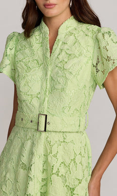 A woman wears the Mac Duggal 56320 Midi Party Dress in pastel green, featuring delicate lace, short sleeves, a matching belt, and styled from shoulder to mid-thigh.
