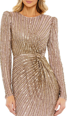 Woman wearing the Mac Duggal 5641 Long-Sleeve Sequin Formal Dress, featuring gold sequined stripes and a gathered knot detail at the waist.