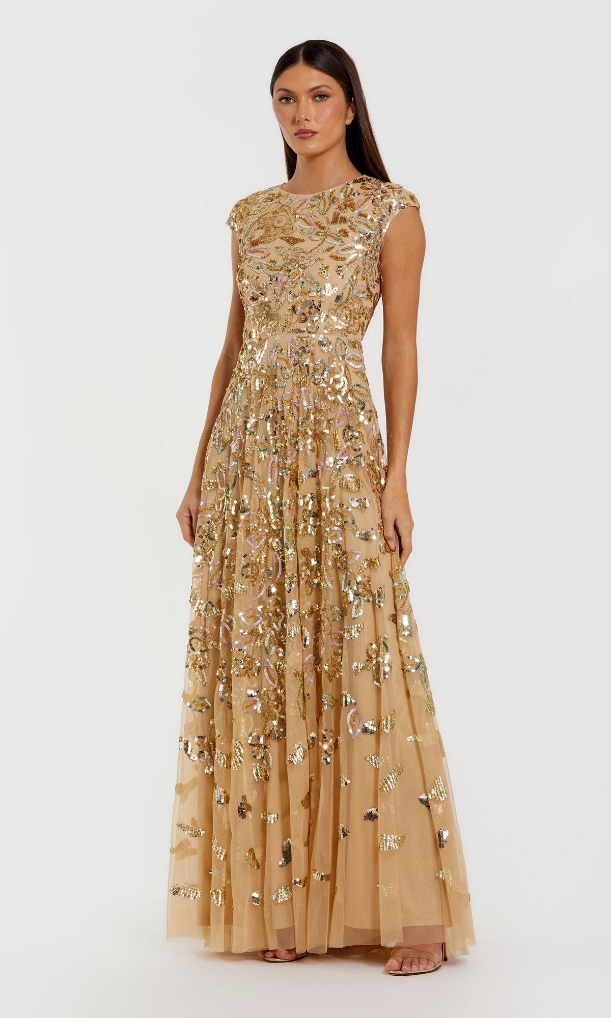 cap sleeve gold sequin dress Mac Duggal - High Neck A Line Gown MerchCategory2:CHILDRENSWEAR