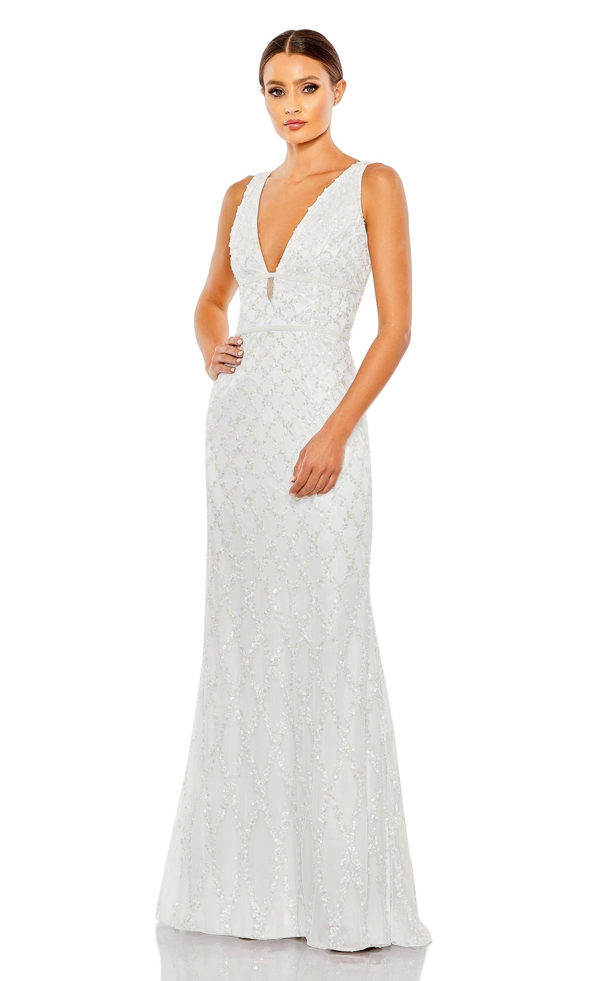 Backless Long Beaded Formal Dress: Mac Duggal 5669 White / 0 Backless Long Beaded Formal Dress: Mac Duggal 5669 White / 0