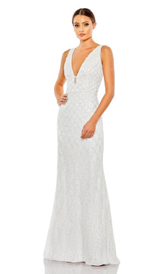 A woman models the Mac Duggal 5669 Backless Long Beaded Formal Dress—sleeveless, floor-length, white with a deep V-neckline and subtle patterned embellishments—shown against a plain white background.