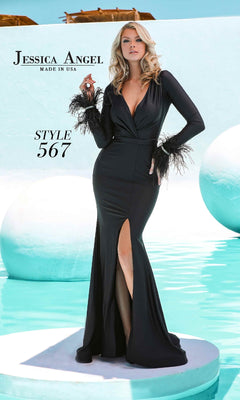 fitted lace wedding dress Long Sleeve Long Black Formal Dress with Feathers Black / 2XSmall