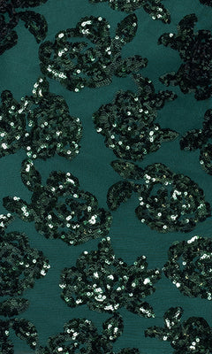 The Short Bodycon Hoco Dress: Blondie Nites 5679BN features dark green sequins in a floral pattern on sheer green fabric, making it a stunning choice for your next special event or homecoming.