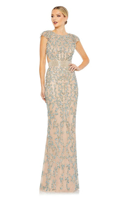 A woman poses against a white background wearing the Long Nude Beaded Formal Dress: Mac Duggal 5689, a floor-length gown featuring blue floral beading, short sleeves, and a wide, textured waistband.