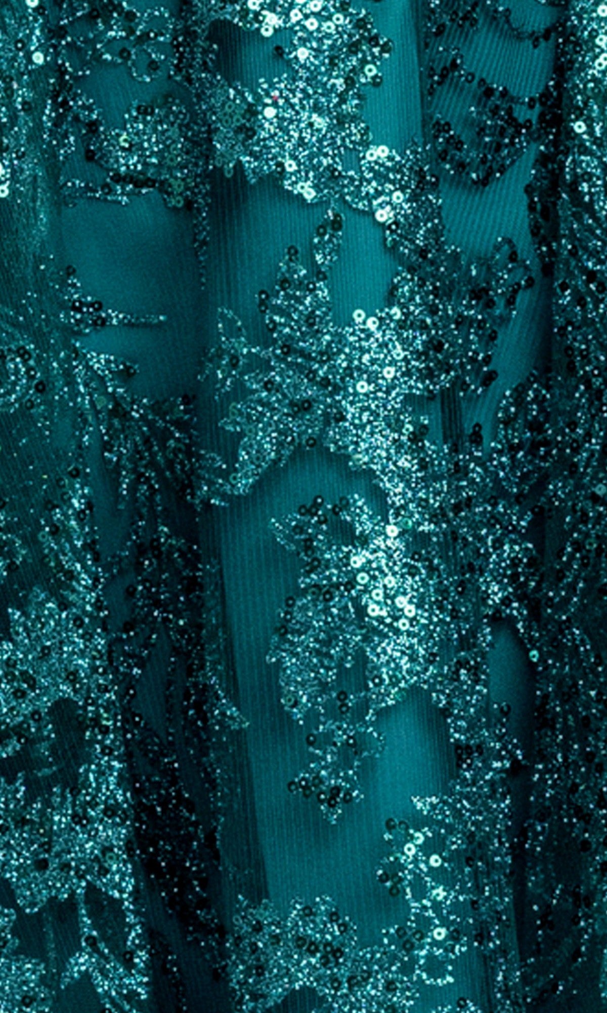 Close-up of teal fabric with detailed sequin and lace embroidery, ideal for a Mini Green Sequin Hoco Dress: Blondie Nites 5705BN, perfect for juniors seeking a standout homecoming look.