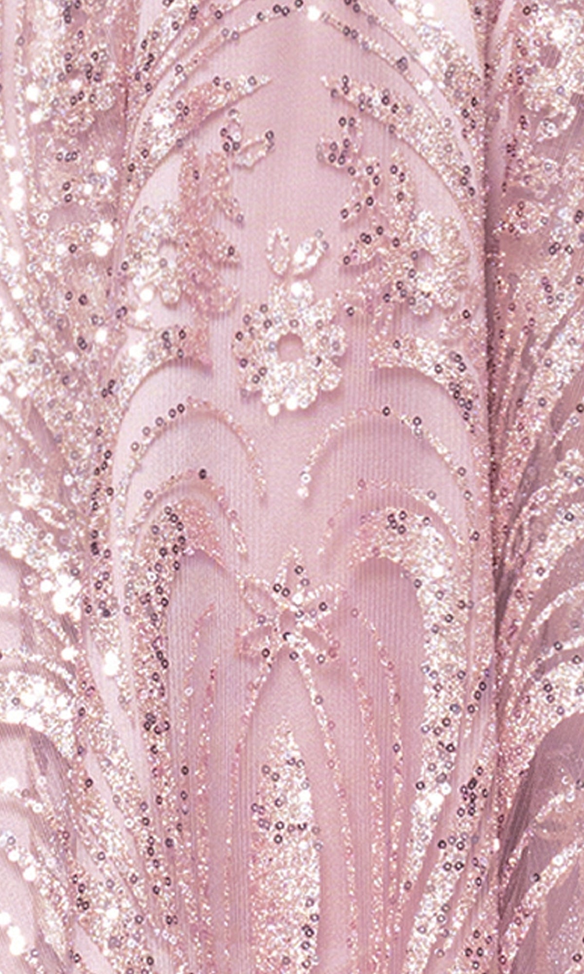 Close-up of the Blondie Nites 5713BN junior cowl-neck short hoco dress in light pink, showcasing glittery sequin floral and geometric embroidery.
