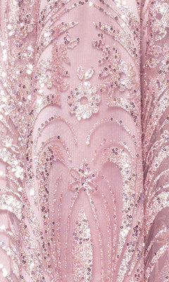 Close-up of the Blondie Nites 5713BN junior cowl-neck short hoco dress in light pink, showcasing glittery sequin floral and geometric embroidery.